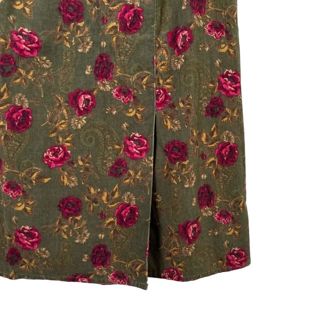Vintage 90s Floral Corduroy Midi Skirt by Jantzen in Green Pink Moody Floral, XS - Image 6