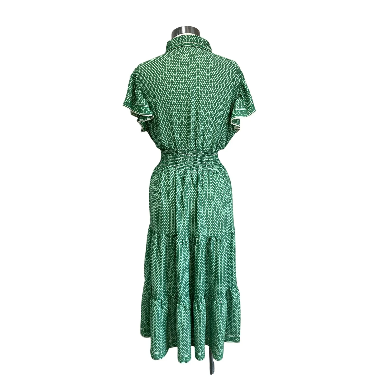 Max Studio London Green Geo Print Tie Waist Shirt Midi Dress Short Sleeve Size L - Image 4