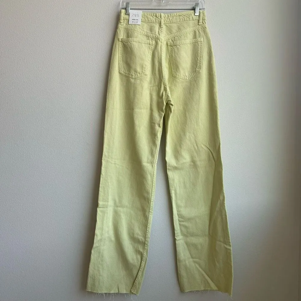 NWT Zara Wide Flare Leg Green Solid Wash Raw Hem Jeans High Rise Size 8 - Image 3