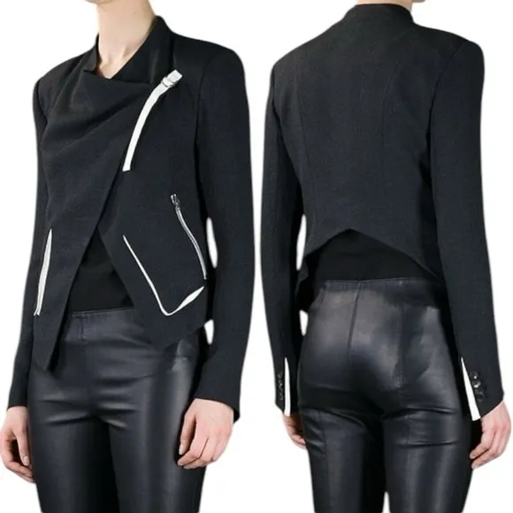 Helmet Lang x Intermix Sugar Cropped Asymmetric Blazer Jacket in Black/Cream - Image 2