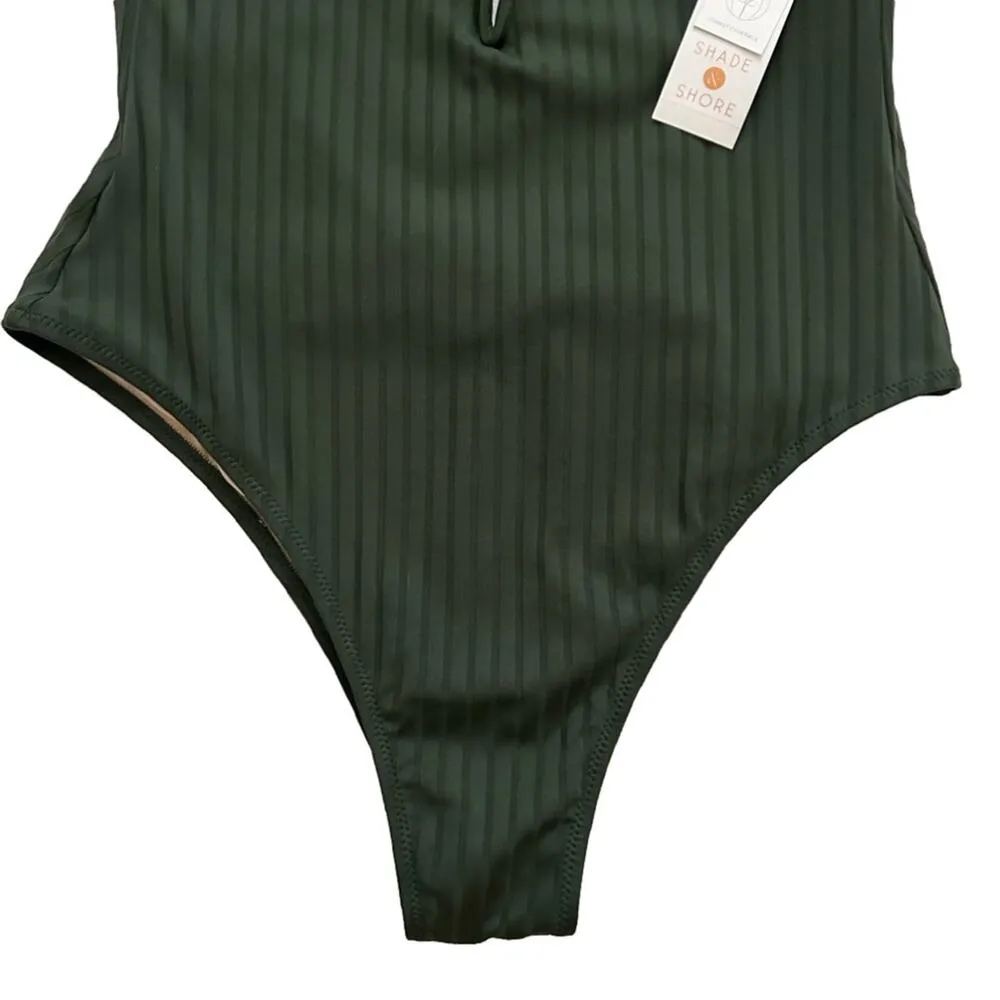 Shade & Shore Swimsuit One Piece Green Ribbed Plunge Swimsuit Size Large NEW - Image 5