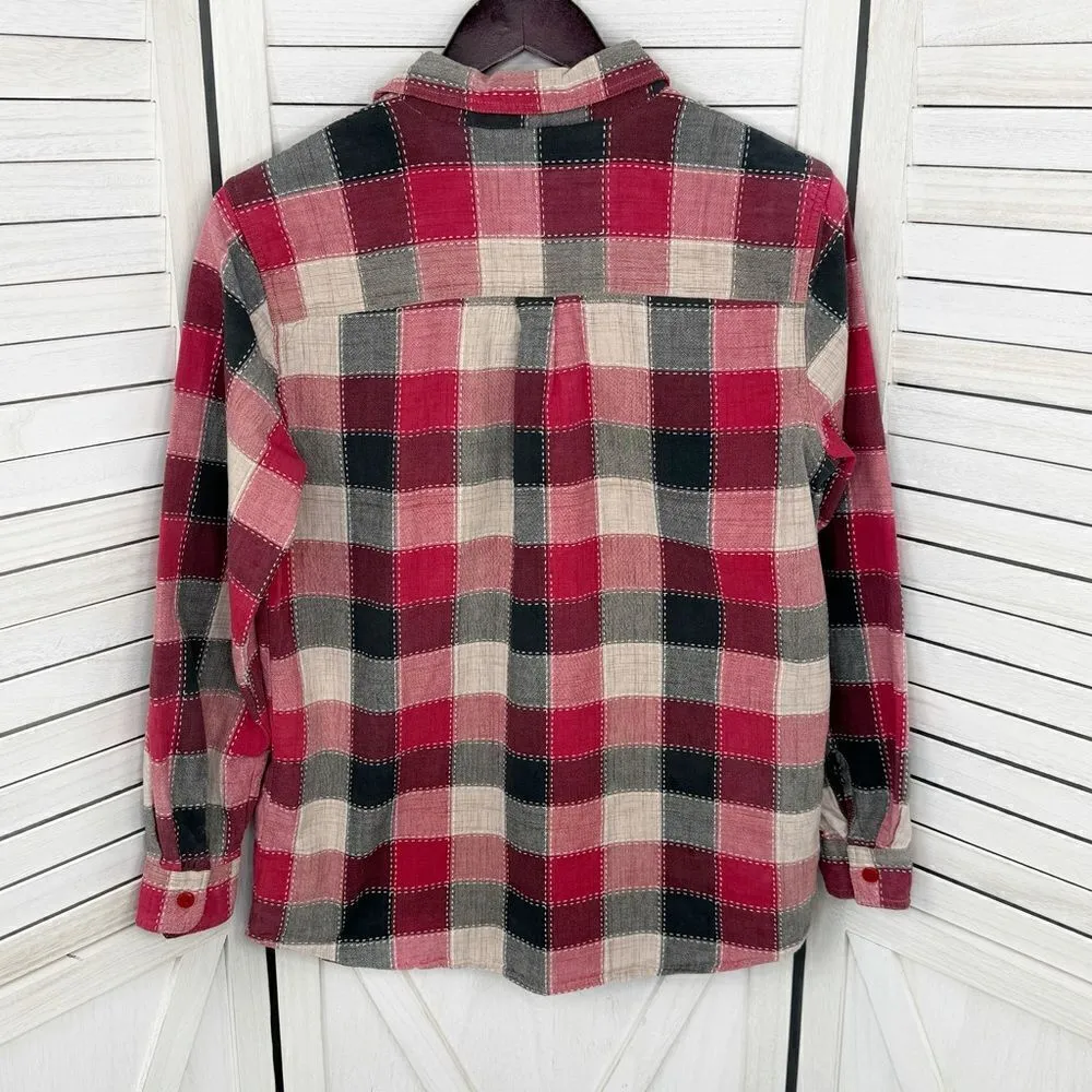 Casey & Max Embroidered Leaves Patchwork Buffalo Check Button Front Shirt Medium Red - Image 9