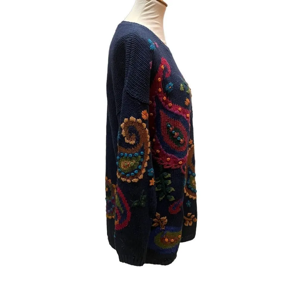 Christina Navy Blue with Bright Colored Paisley Pattern Crewneck Long Sleeve Han Size L - Image 14