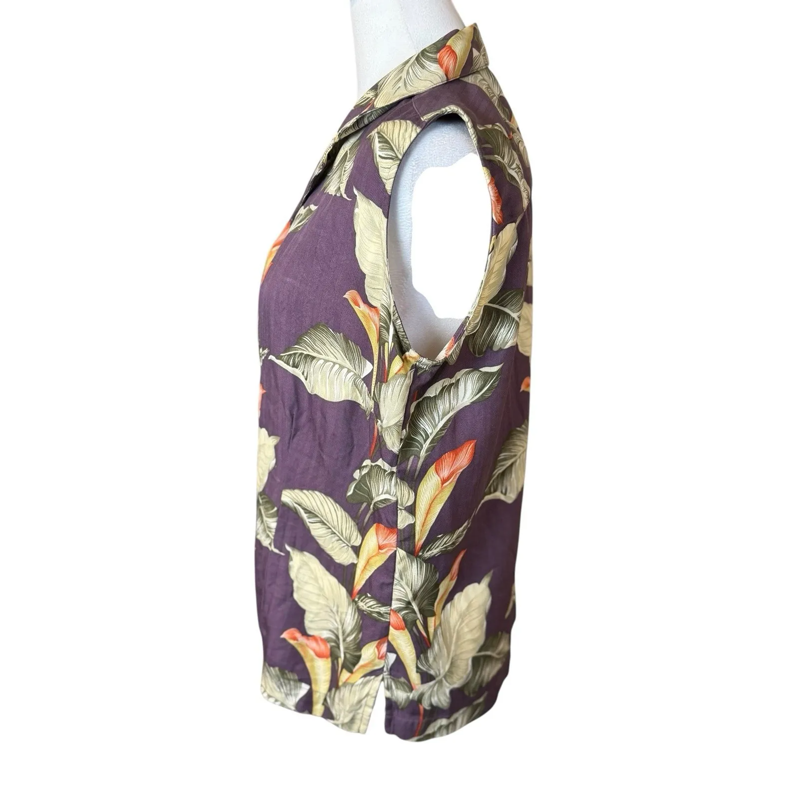 Tommy Bahama Womens 100% Silk Sleeveless Button Up Top Blouse Purple Floral SM - Image 3