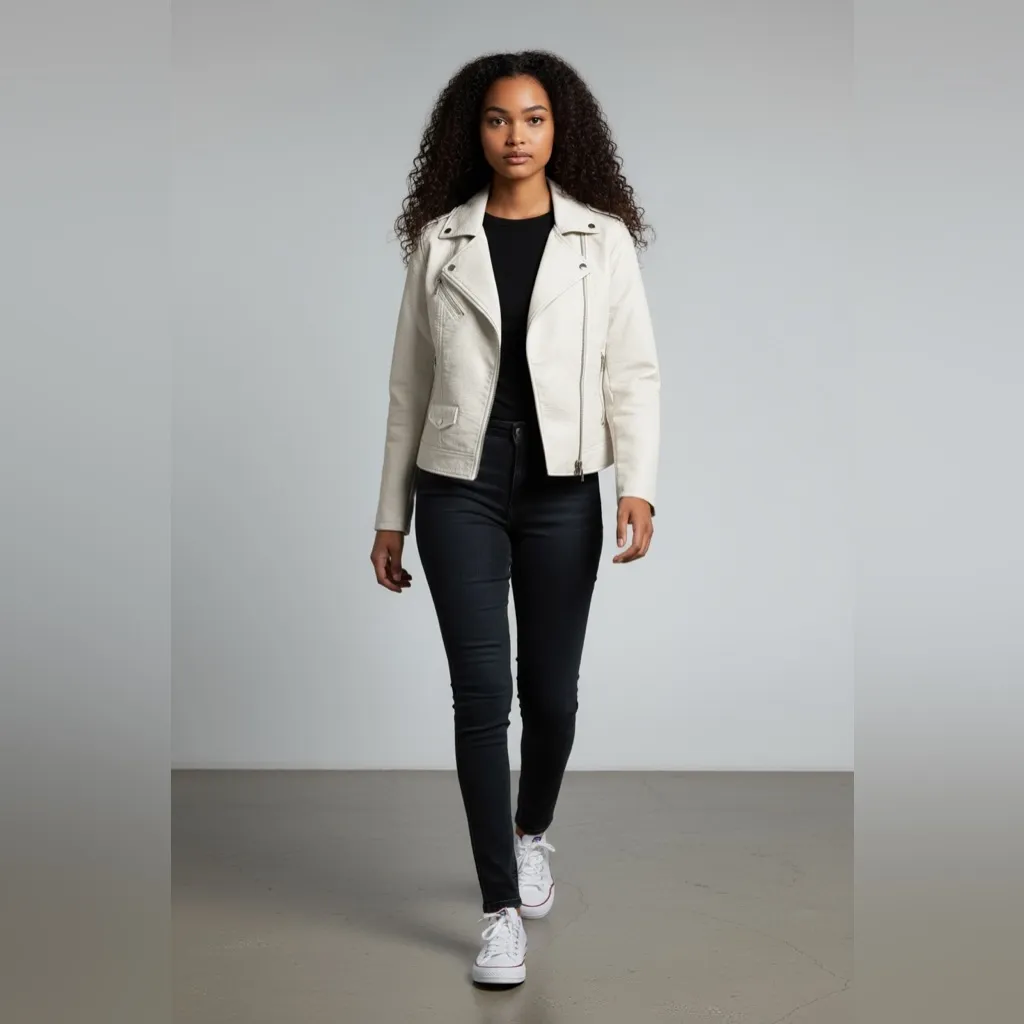 Express Moto Jacket Off White Faux Leather Size Medium - Image 4