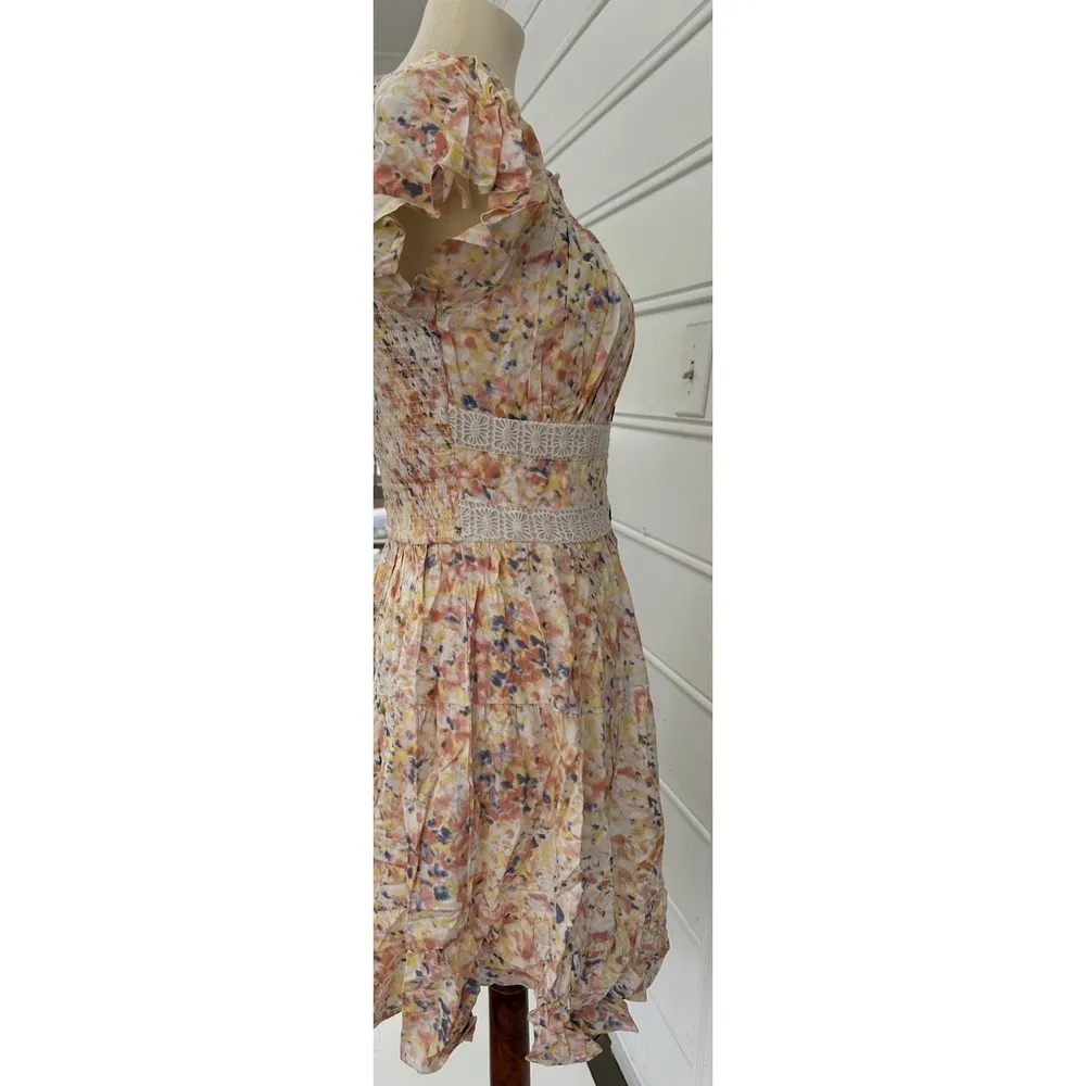 Women's Multicolor Smocked Shoulders Sundress Sz M peach/blue/yellow - Image 2