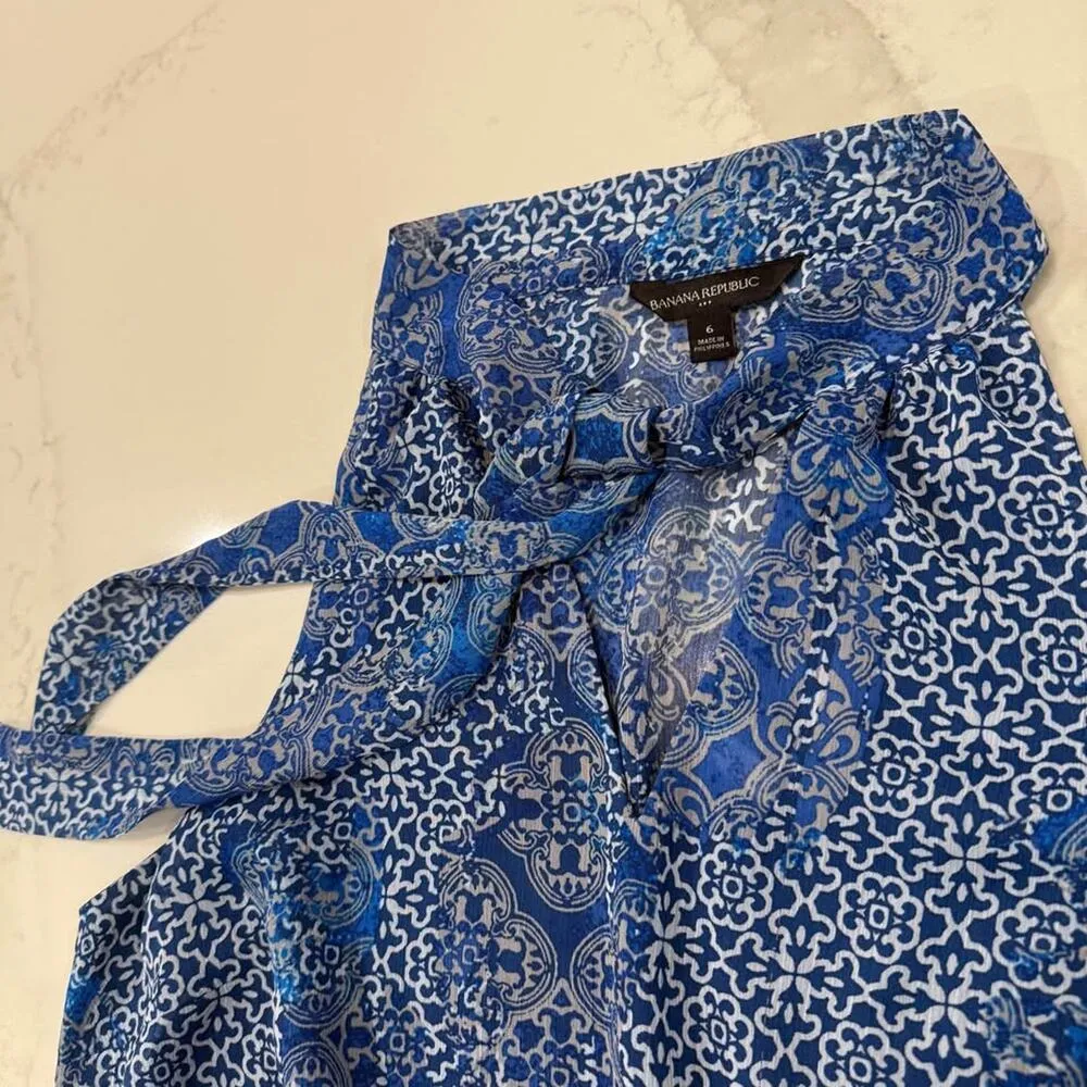 Banana Republic Damask Sleeveless Halter Neck ALine Midi Dress Women's 6 Blue - Image 4