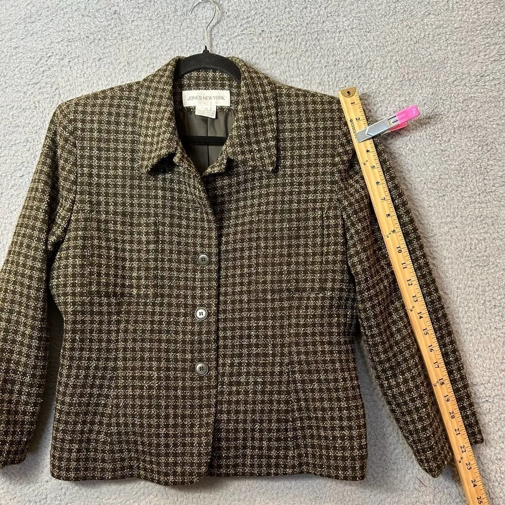 Jones New York Blazer Womens 12 Green Wool Silk Blend Plaid Jacket Career Work‎ - Image 6