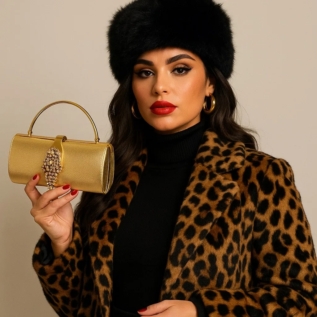 Gold Rhinestone Hard Clutch Purse Top Handle Y2K Formal Metallic Holiday Glam - Image 2