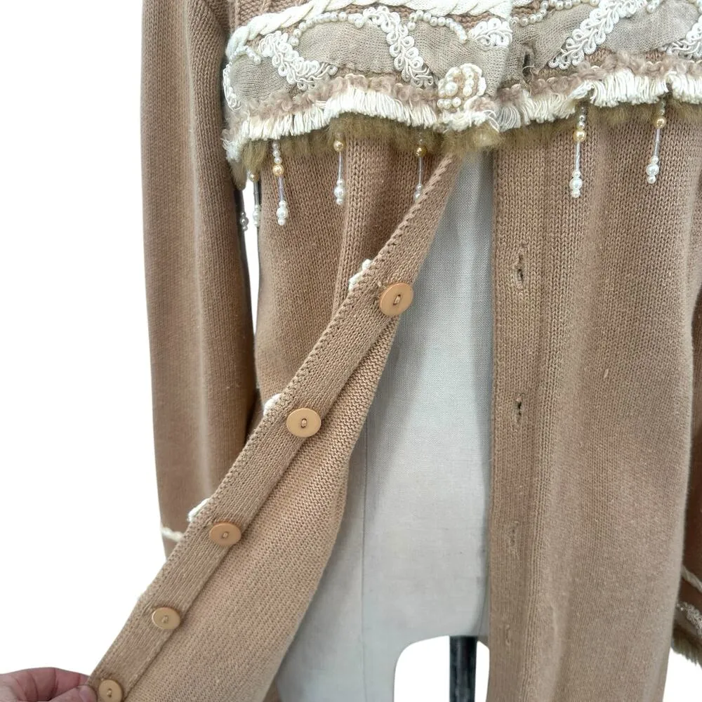 Storybook Knits Pearl Beaded Fur Trimmed Cardigan Sweater‎ Tan Camel Size Small - Image 5