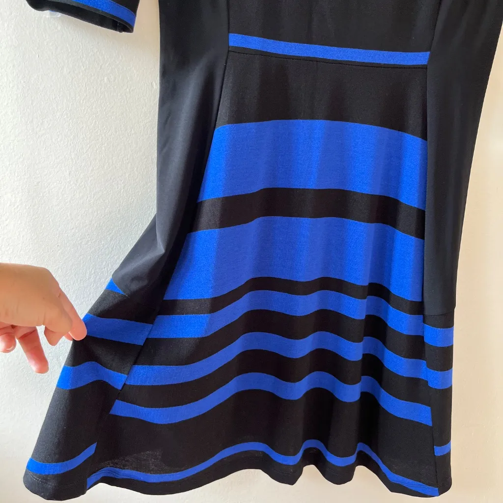 Gabby Skye Sz 8 Blue Black Stripe Elbow Sleeve Fit‎ Flare Stretch Midi Dress Zip - Image 6