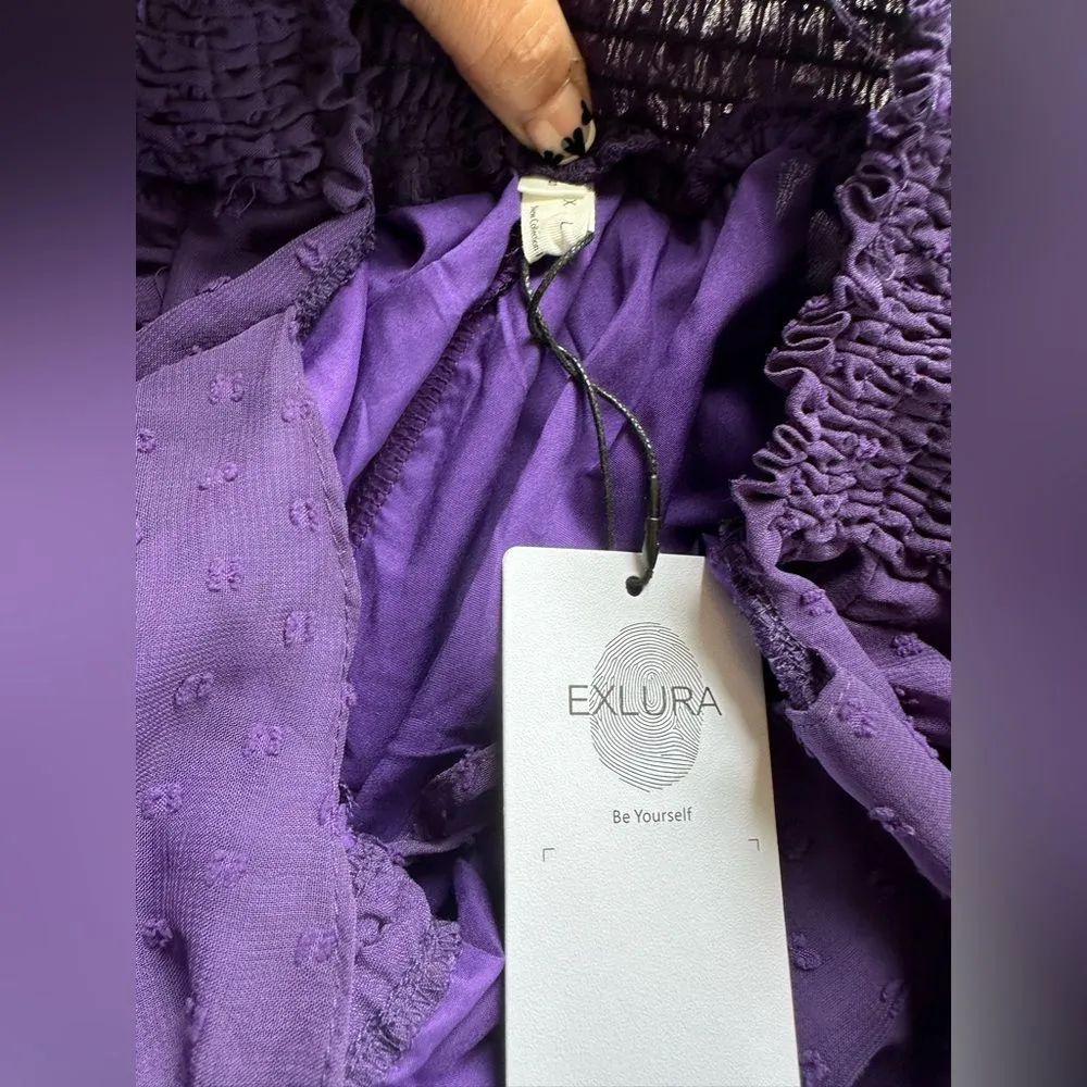 EXLURA NWT Swiss Dot Sheer Puff Long Peasant Sleeve Ruched Front Mini Dress S - Image 9