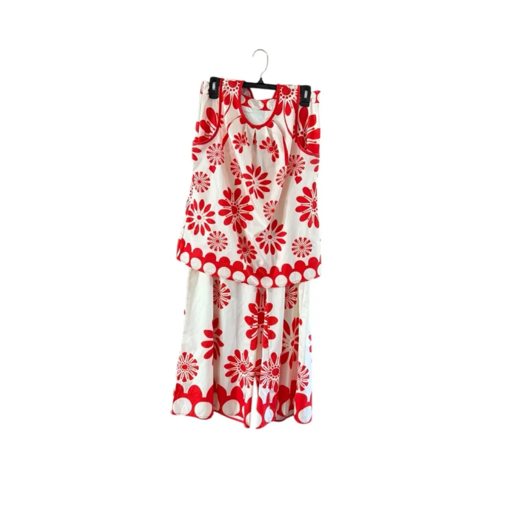 Women's SHEIN White Red Floral Wide Leg Pants Set L - Image 2