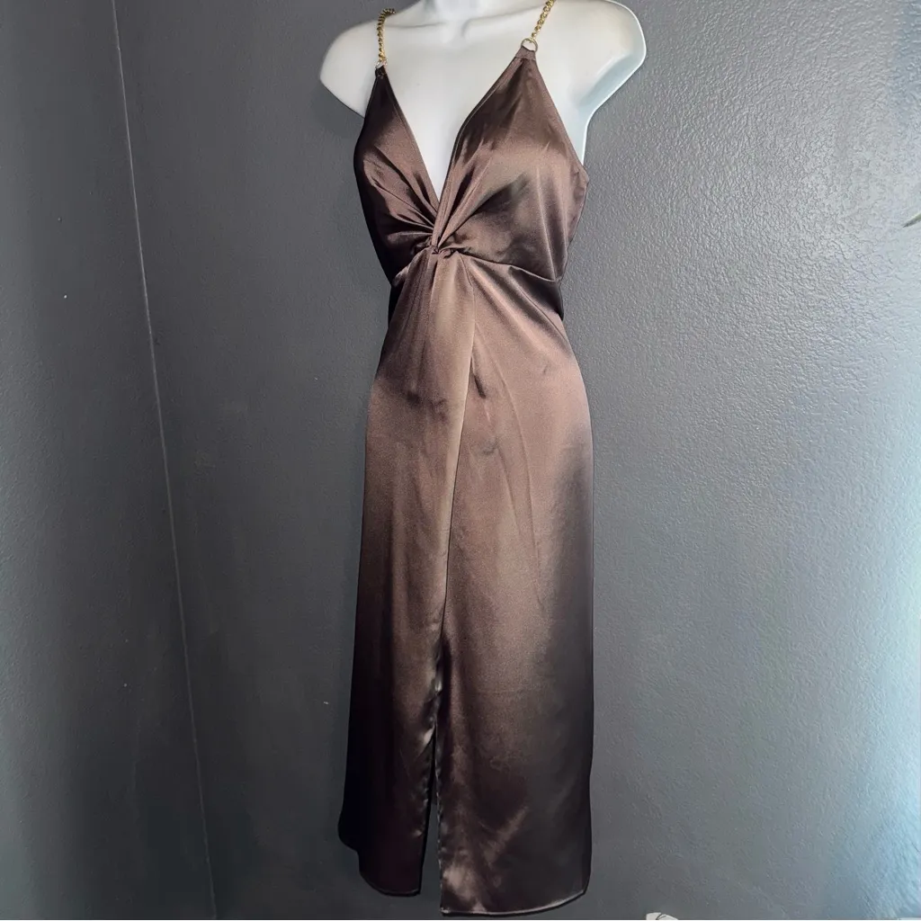 Express New w Tags Brown Satin V-Neck Gold Chain Sexy Cocktail Dress Medium - Image 3