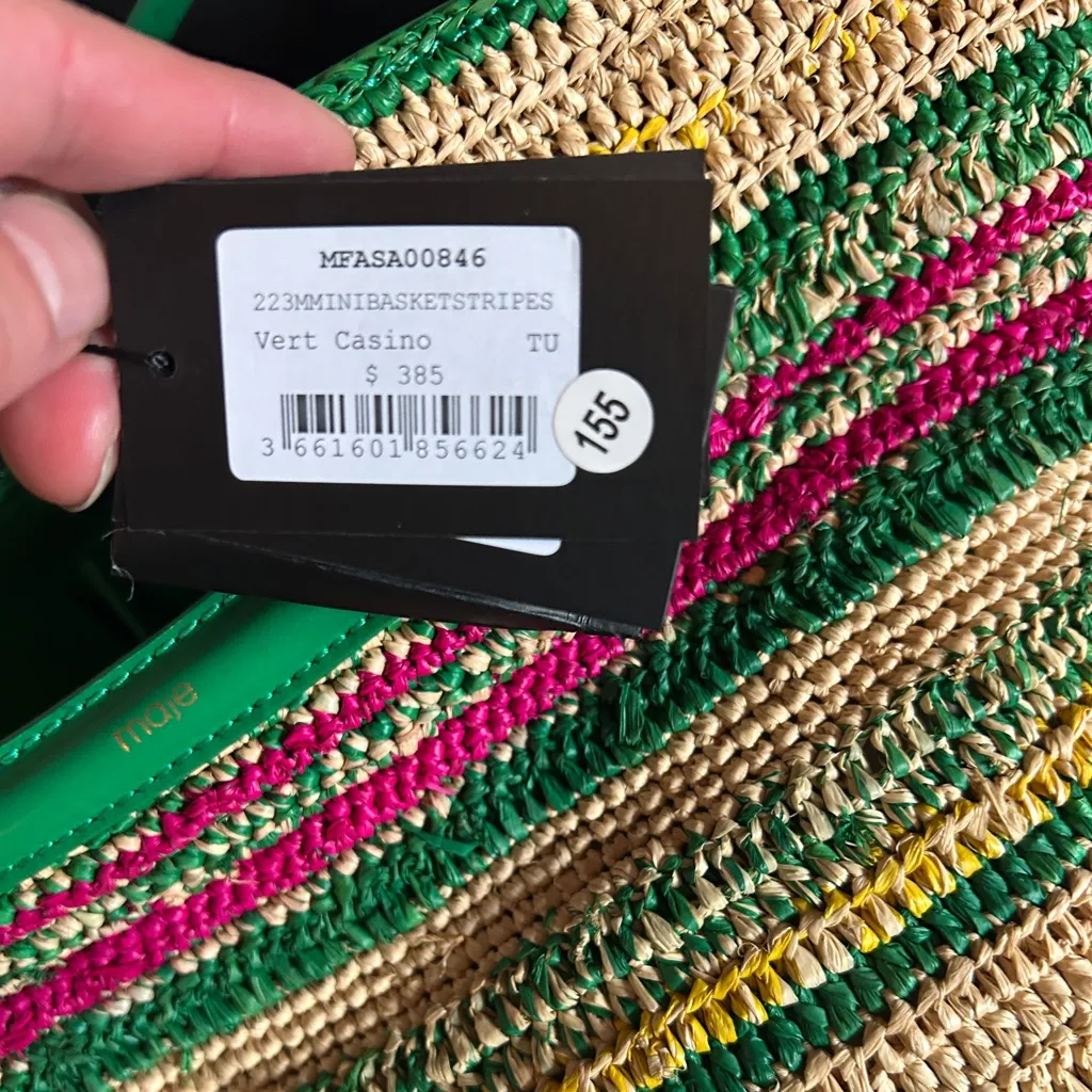 Maje Mini striped raffia basket in Casino Green NWT - Image 4