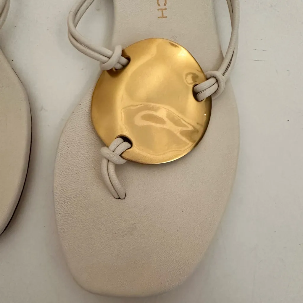 Tory Burch Patos Gold Medallion Thong Leather Sandals New Ivory White Size 5.5 - Image 5