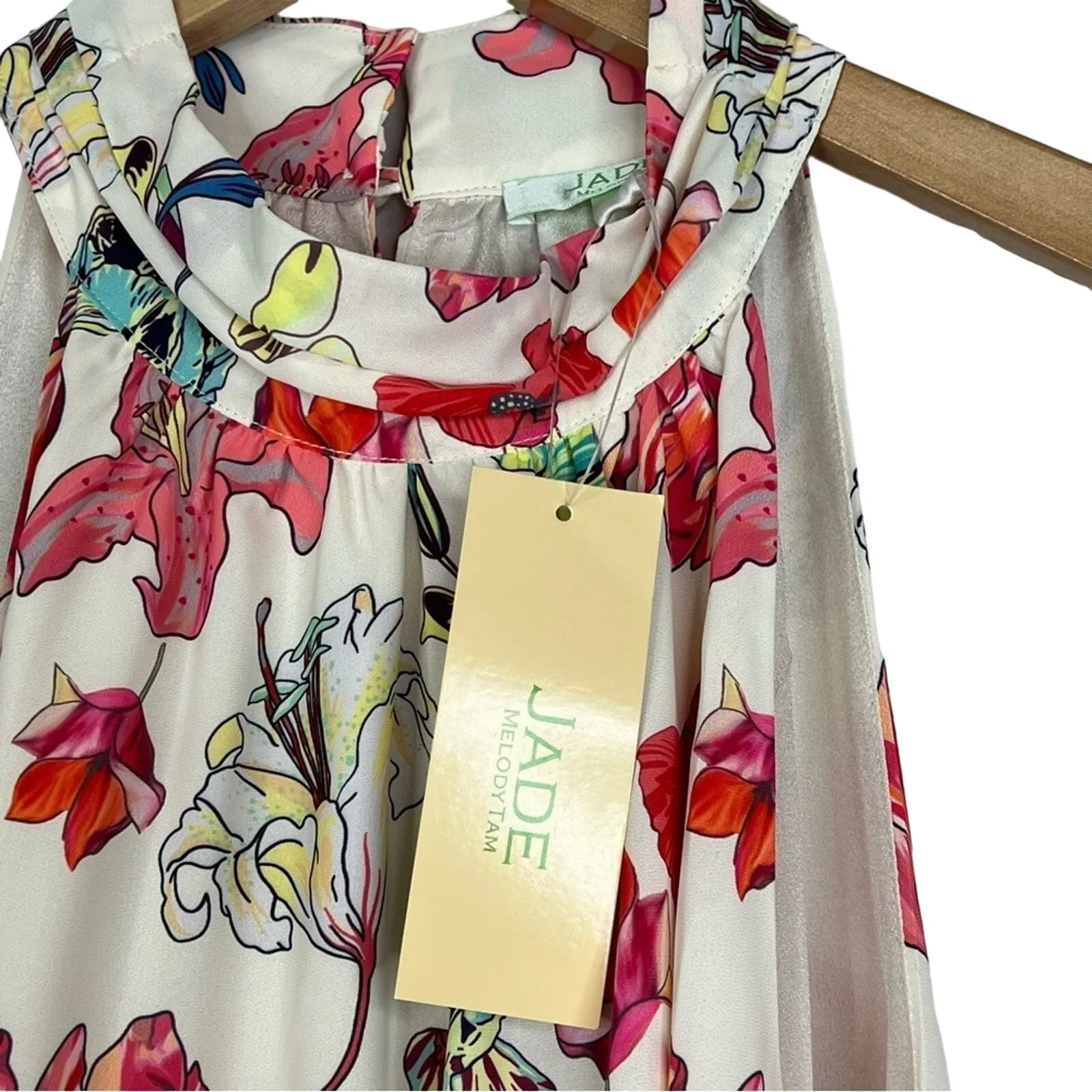 Jade By Melody Tam Elaina halter tiered ruffle topical floral lilies dress M NEW Red Size M - Image 4