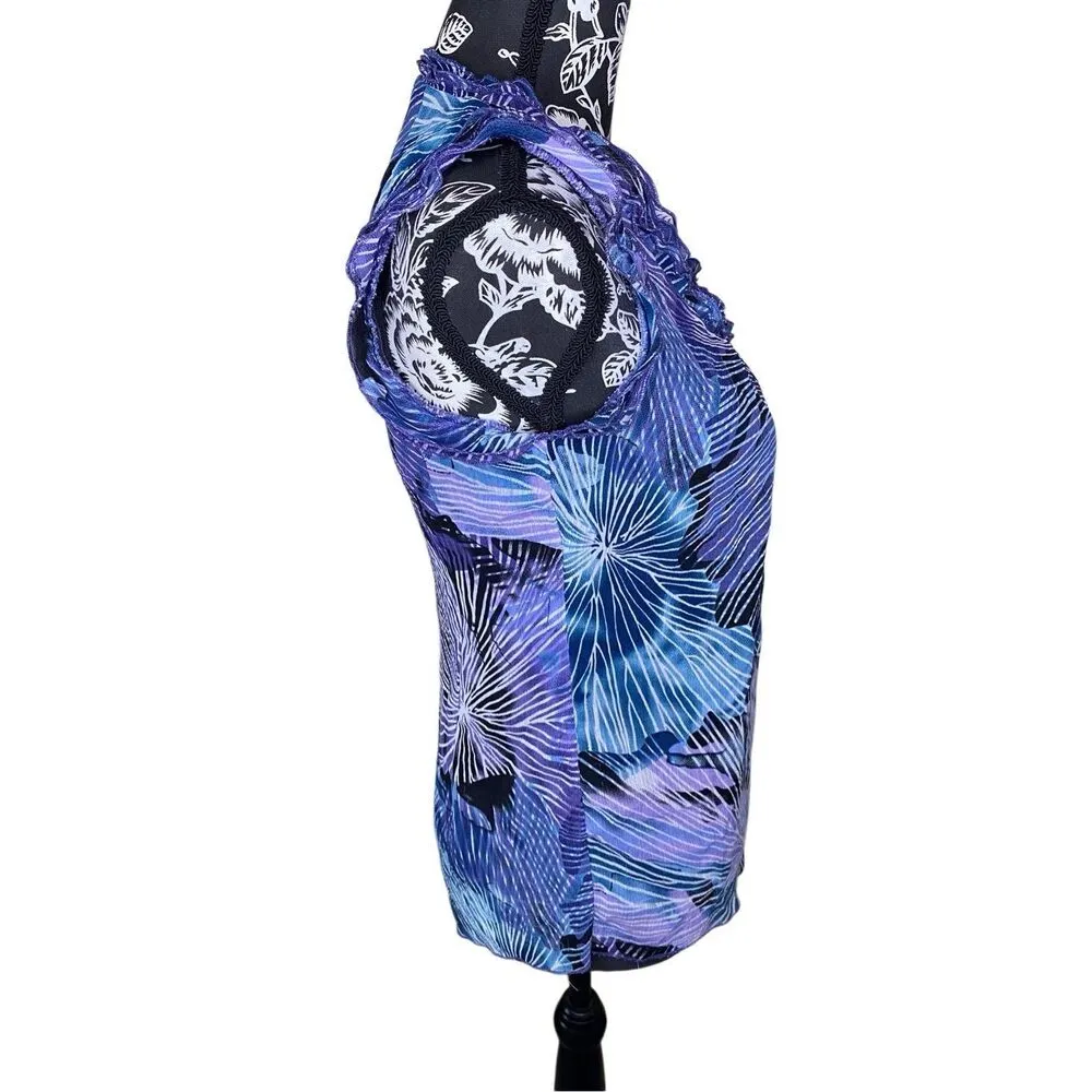 Floral Tank Top Ruffle Trim Beach Summer Vacation Coastal Coast Travel Flower Purple Size M - Image 4