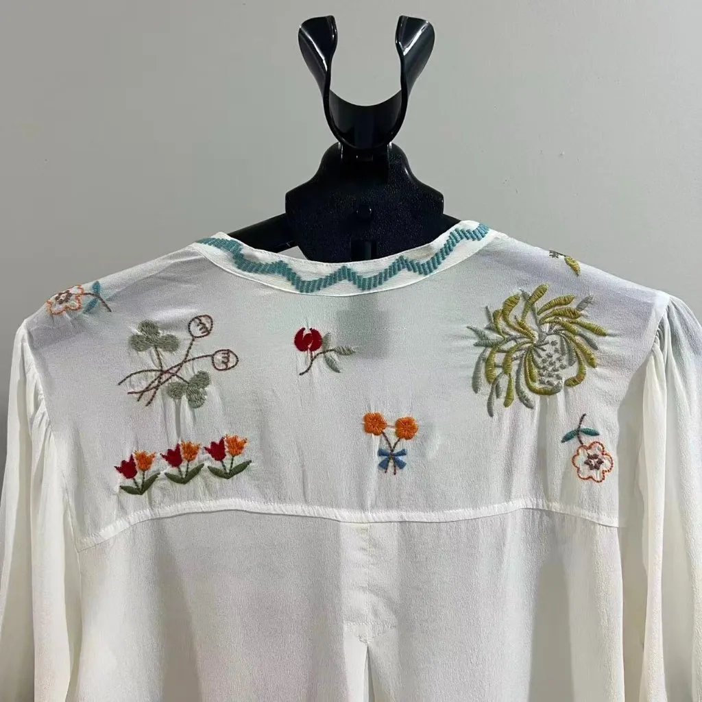 NWOT Johnny Was Biya Embroidered Floral Silk Tunic Boho White Shirt Blouse Sz S - Image 7