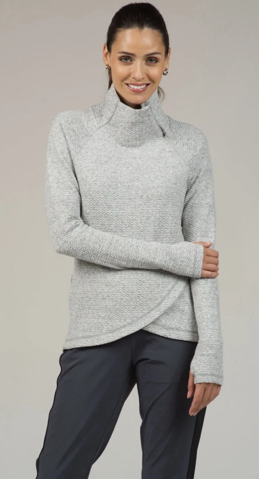 IBKUL Solid Popcorn Stitch Asymmetrical Zip Pullover Size Large Oxford Gray - Image 1