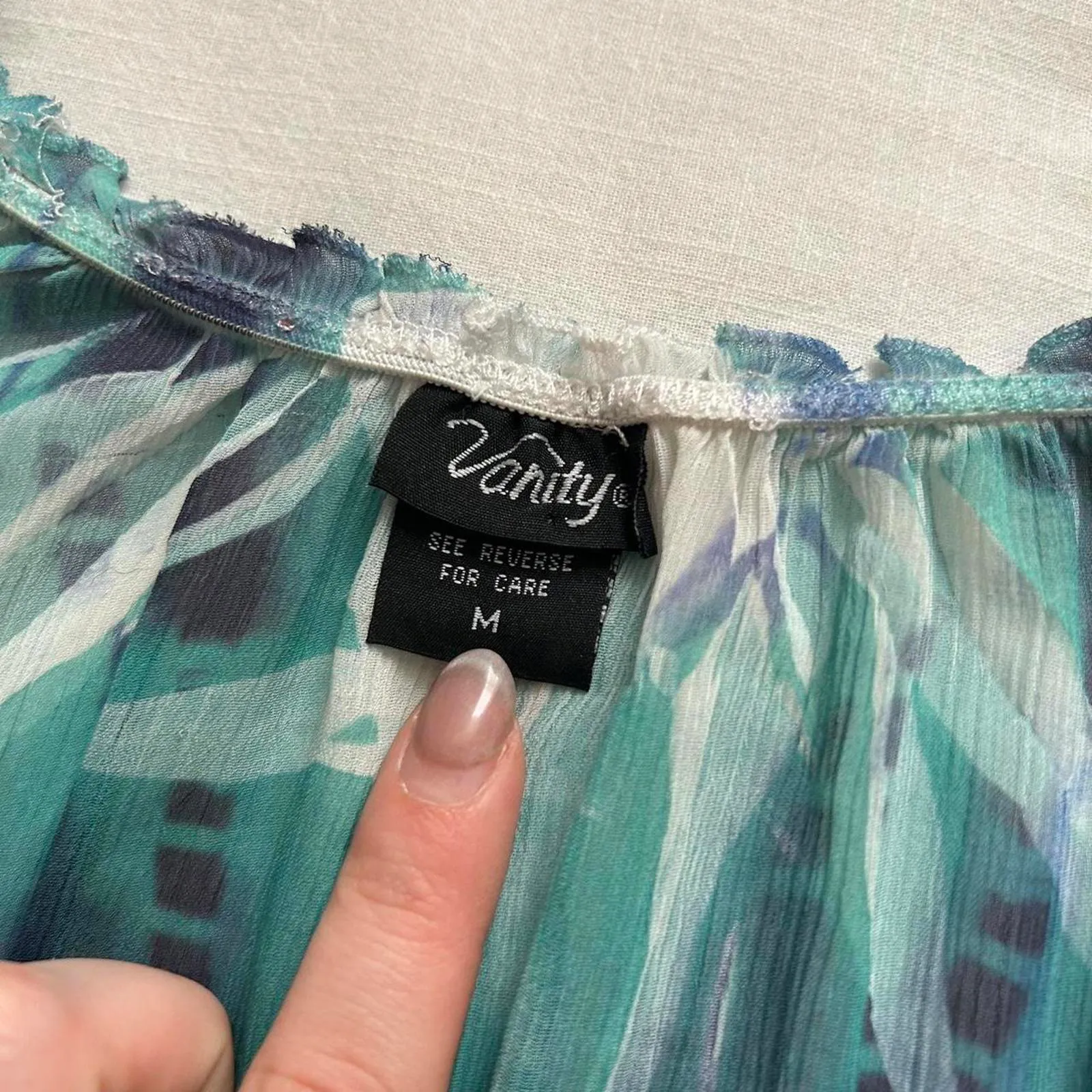 Y2K blue green tie dye sublimation print semi sheer bubble hem top rhinestones Size M - Image 2