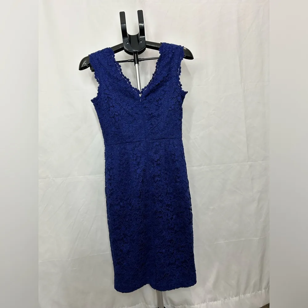 Eliza J Blue Lace V Neck Back Cocktail Knee Length Sheath Dress Sz 4 - Image 2