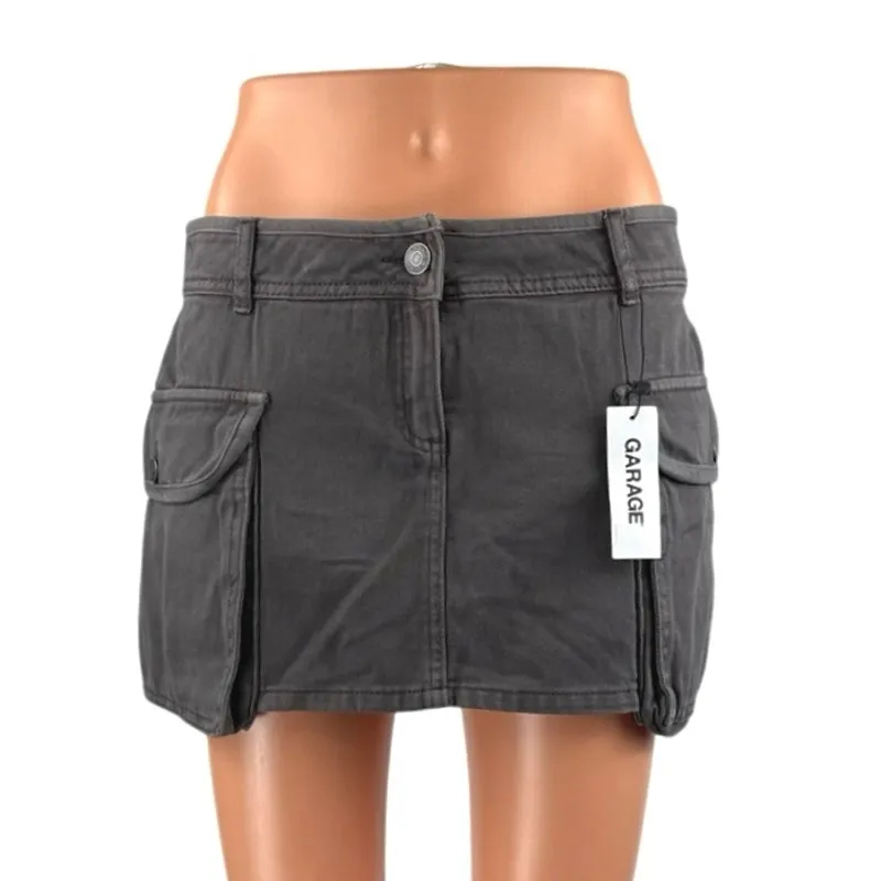 NEW Garage Women's Gray Mid Waist Utility Cargo Denim Jean Skirt Skort Size S - Image 2