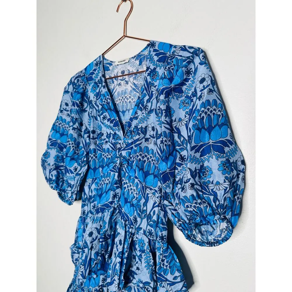 SANDRO Blue Floral Linen Blend A-Line V-Neck Mini Dress Size 36 US 4 - Image 9