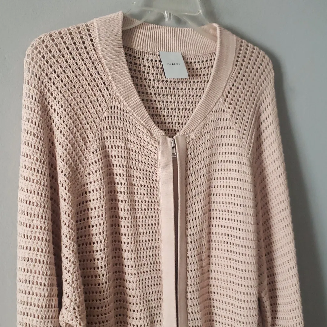 Varley Cameron Knit Zippered Cardigan Sweater Nude Taupe Open Knit Longsleeve - Image 5