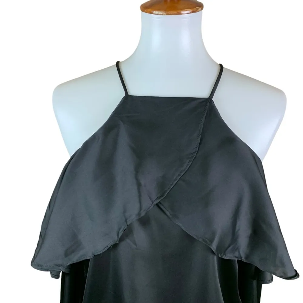 Haute Rogue Black Cold Shoulder Satin Ruffle Blouse Small Elegant Date Night NWT - Image 2