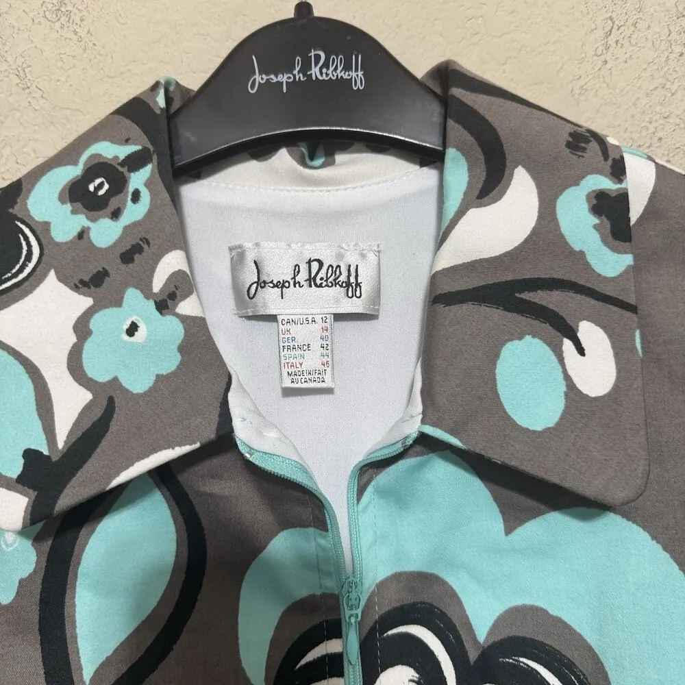Joseph Ribkoff Full Zip Jacket Retro Size M/ 12 Bold Gray & Aqua Floral Career - Image 2