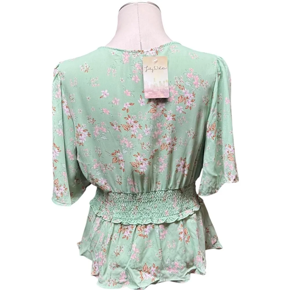 Lily White V-Neck Flowy Top Floral Green Pink XL - Image 5