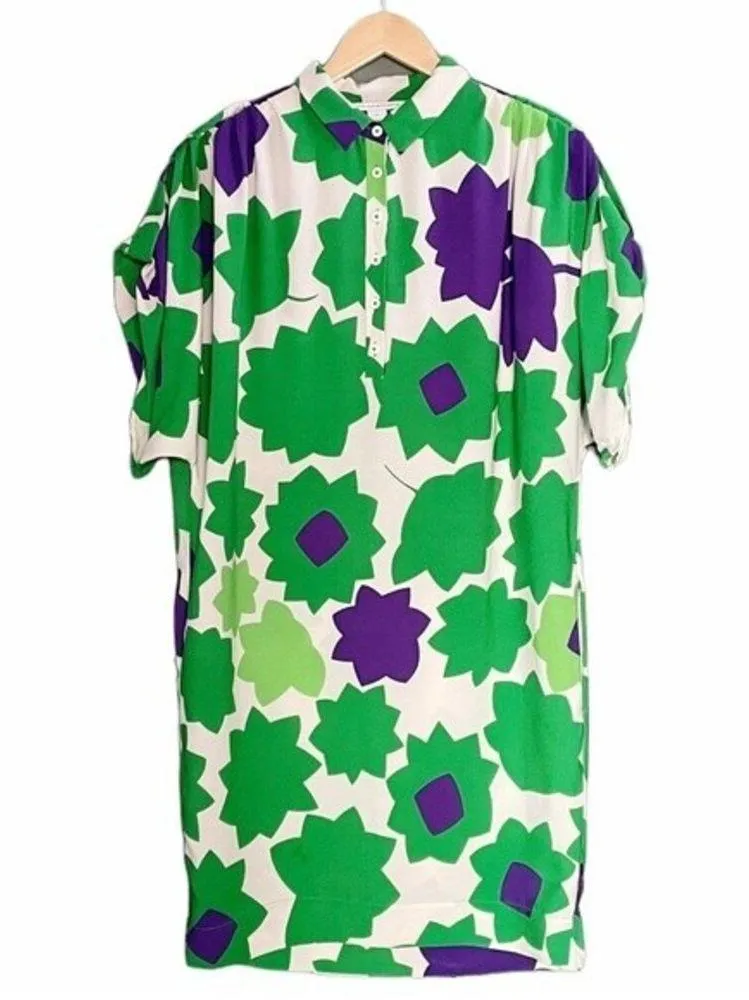 DVF Diane Von Furstenberg Green Mod Print Silk Cocoon Shirt Dress Women’s Size 8 - Image 6