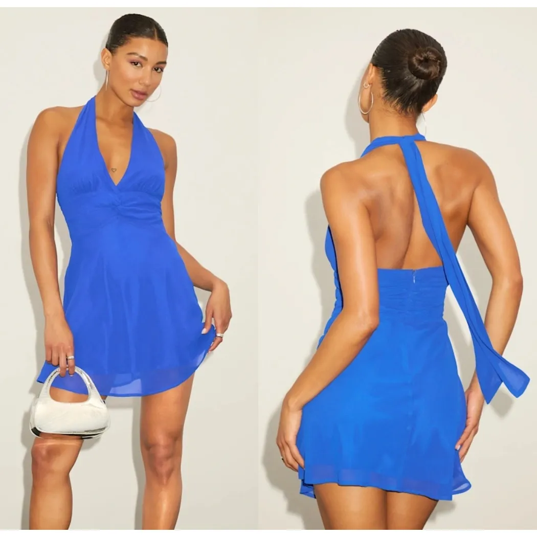 NWT Lulus Nailah Blue Knotted Halter Mini Dress Open Back Party Cocktail Size S - Image 2