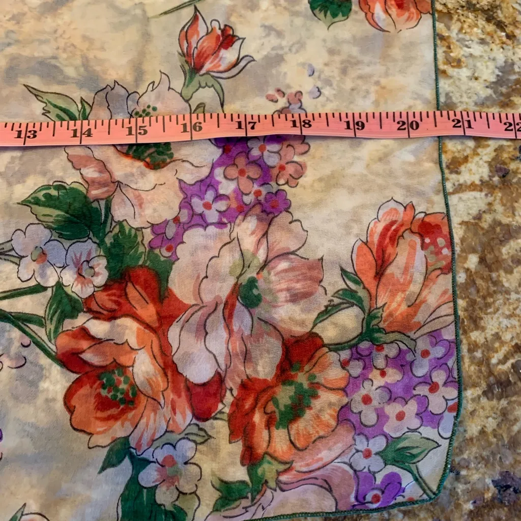 Vintage 1960s Head Wrap, Scarf Rectangle Handkerchief Nylon Floral 21 X 21 Red - Image 7