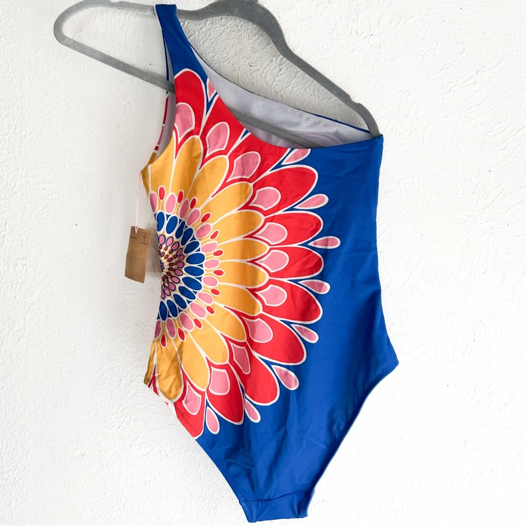 Boden One Shoulder Swimsuit Blue Artisan Petal Sz Size 4 - Image 4