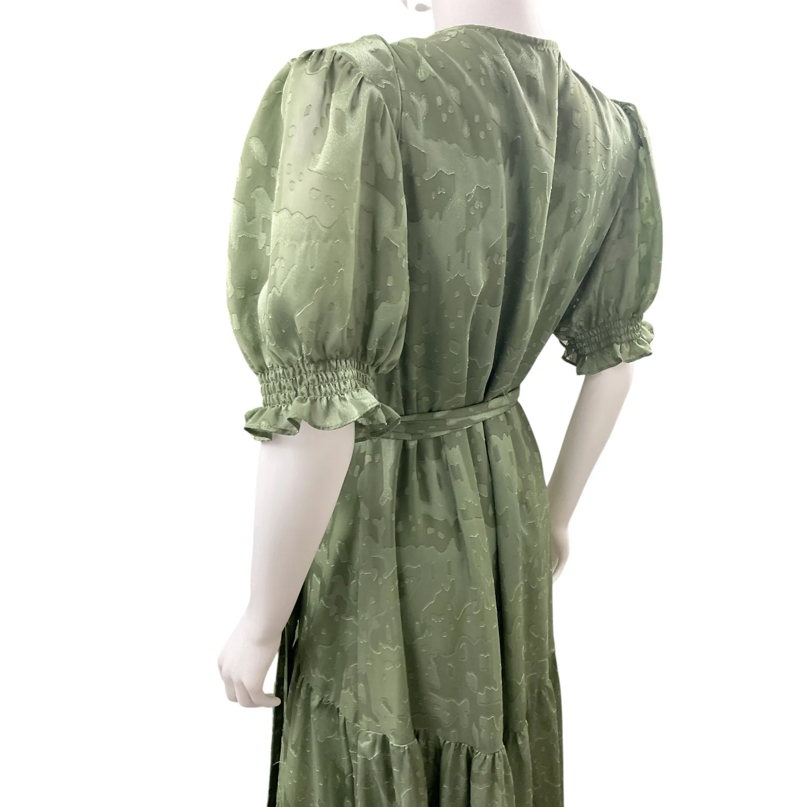 Hutch‎ Olive Green Floral Jacquard Wrap Maxi Dress Puff Sleeve Party Cocktail 10 - Image 6