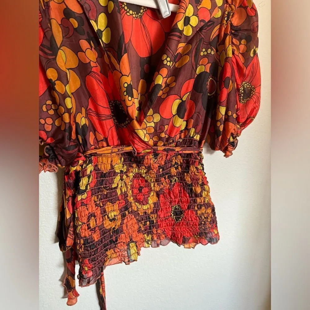 Vintage 80s Floral Silk Blouse Top Sz Small Puff Sleeve Rust Orange Retro‎ - Image 5