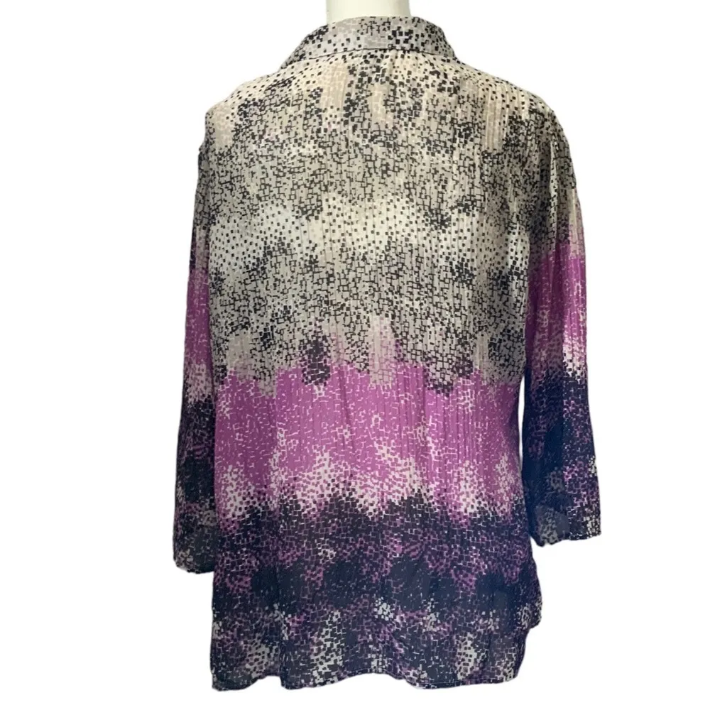 Fashion Bug Blouse V Neck Button Up Collar Accordion Fabric Cheetah Purple XL - Image 2