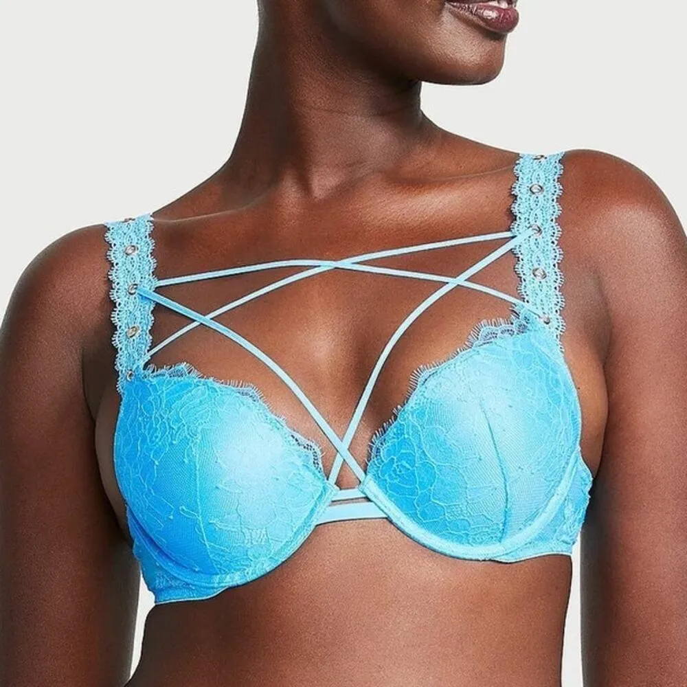 Victoria's Secret Very Sexy Rose Lace & Grommet Push-Up Bra Capri Blue 36F NEW - Image 7
