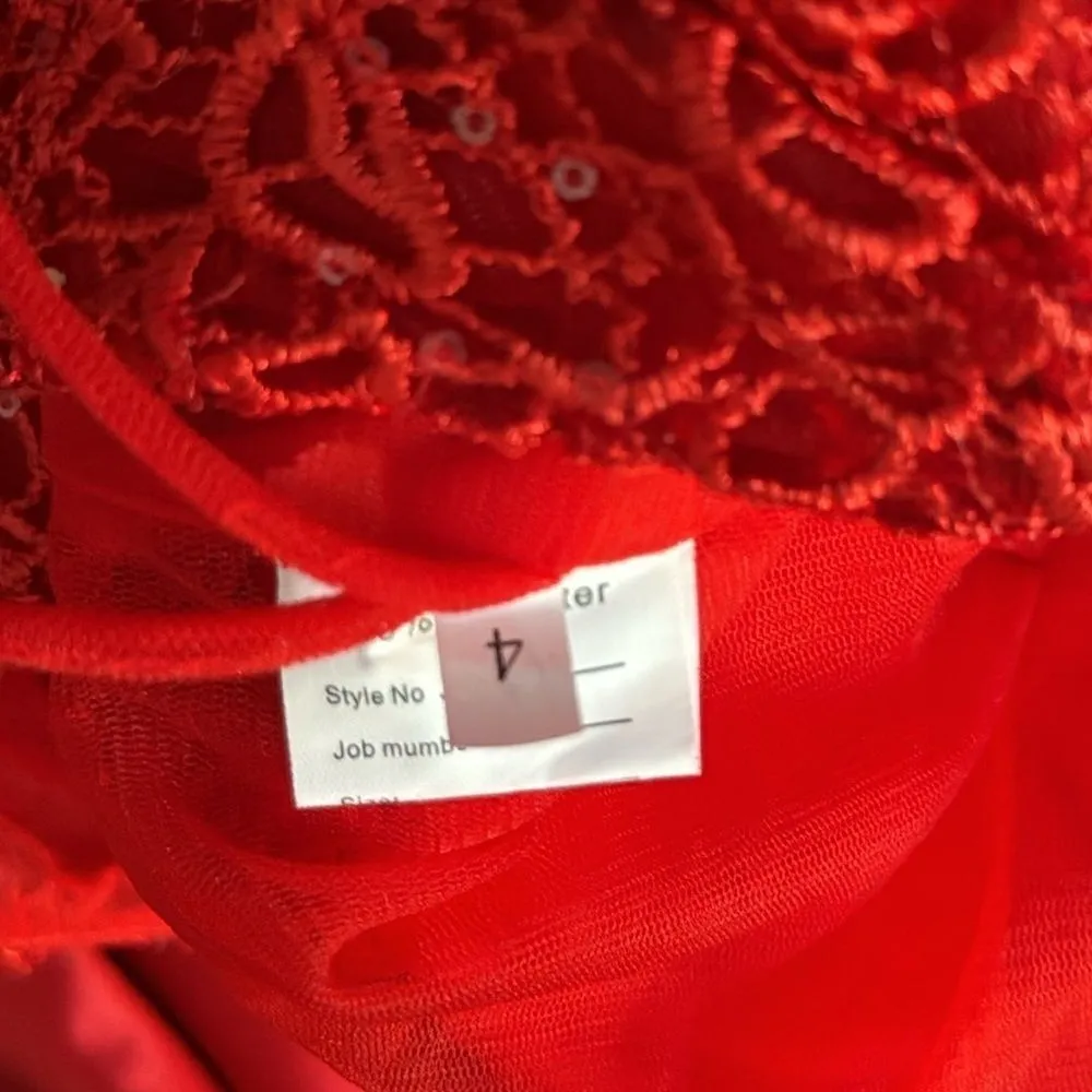 Red Full Length 3/4 Sleeve Sparkly Bodice Formal Prom Dress LegSlit Size 4 *READ - Image 12