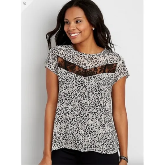 Maurices Leopard Print Blouse Womens Large Gray‎ Black Lace Short Sleeve Top - Image 4