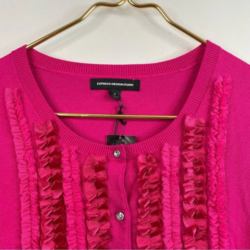 Express Y2K Pink fuchsia tiny fit Ribbon Tulle Rhinestone Cardigan Sweater S new - Image 3
