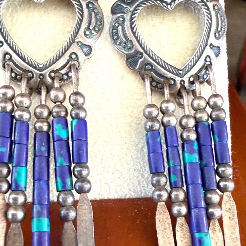 Sterling Silver Heart Dangle Earrings with Blue Stone Beads – Vintage - Image 4