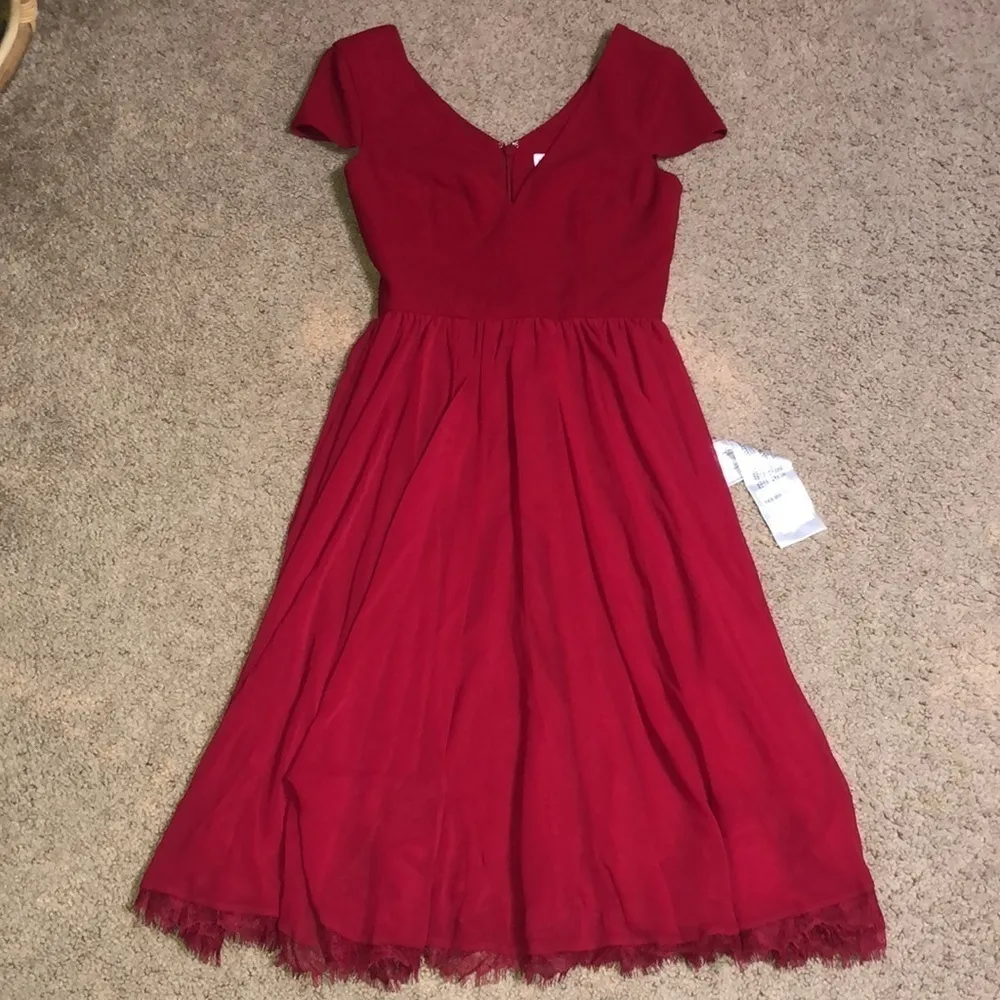 Dress The Population Corey Cap Sleeve V-Neck Chiffon‎ Lace Dress Garnet XXS - Image 6