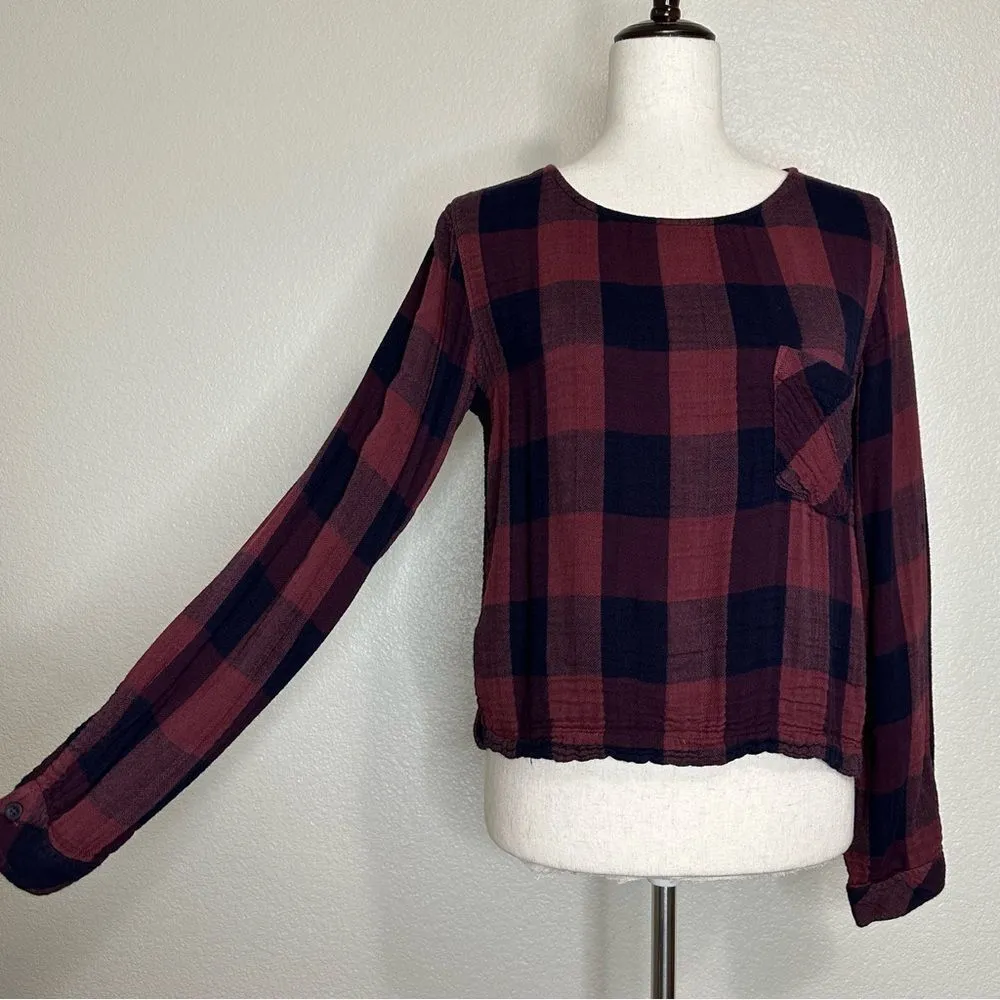 Anthropologie Cloth & Stone Gauze Plaid Lace Back Blouse Top, Sz Small - Image 2