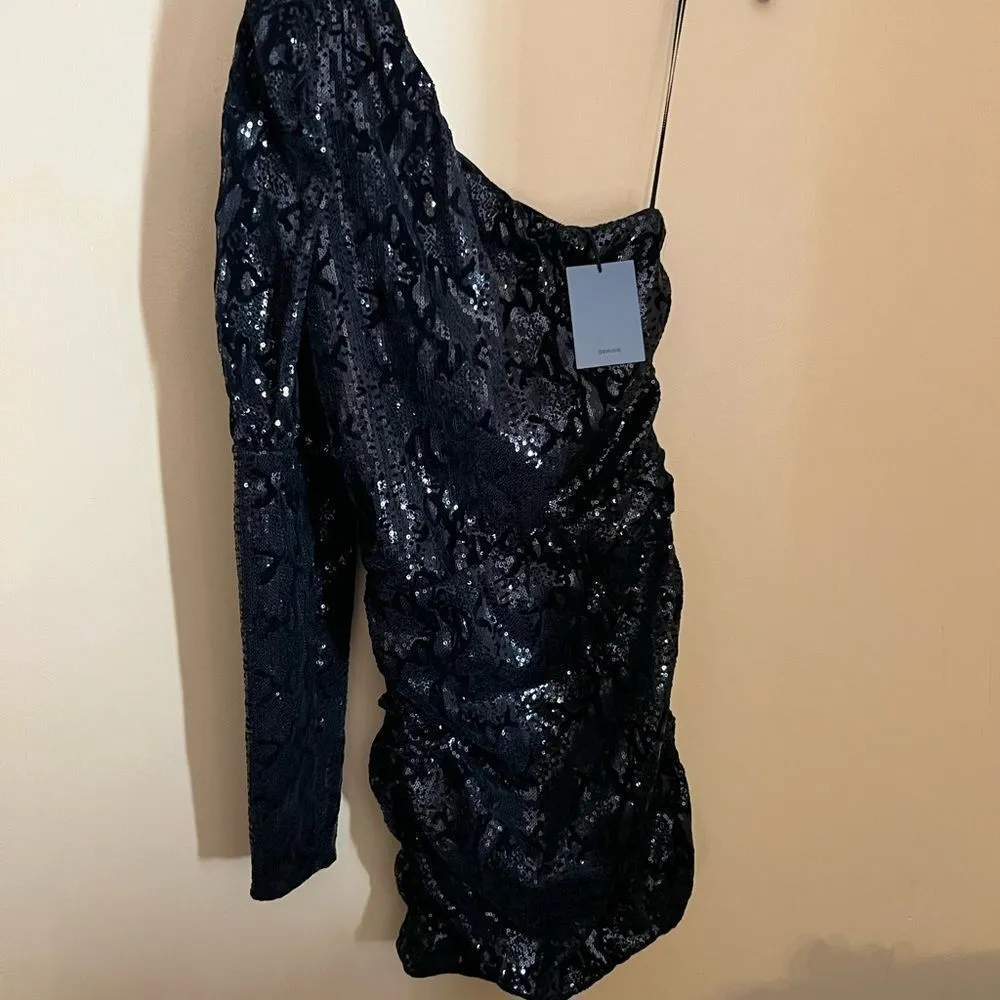 Nbd one shoulder puff black sequin mini dress small - Image 3