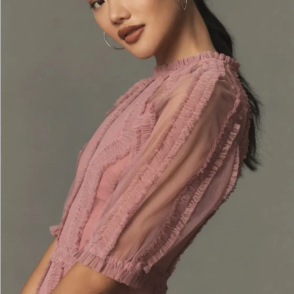 MAC DUGGAL 8058 Pink High Neck Micro Ruffle Tiered Midi Dress - Image 3