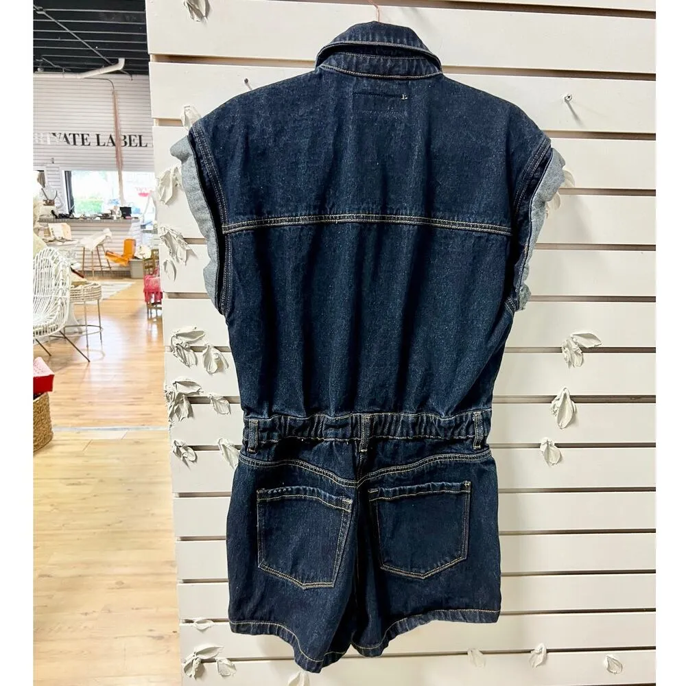 Blank NYC Deep Down 100% Cotton Cuffed Sleeve Button Front Denim Romper Blue S - Image 7