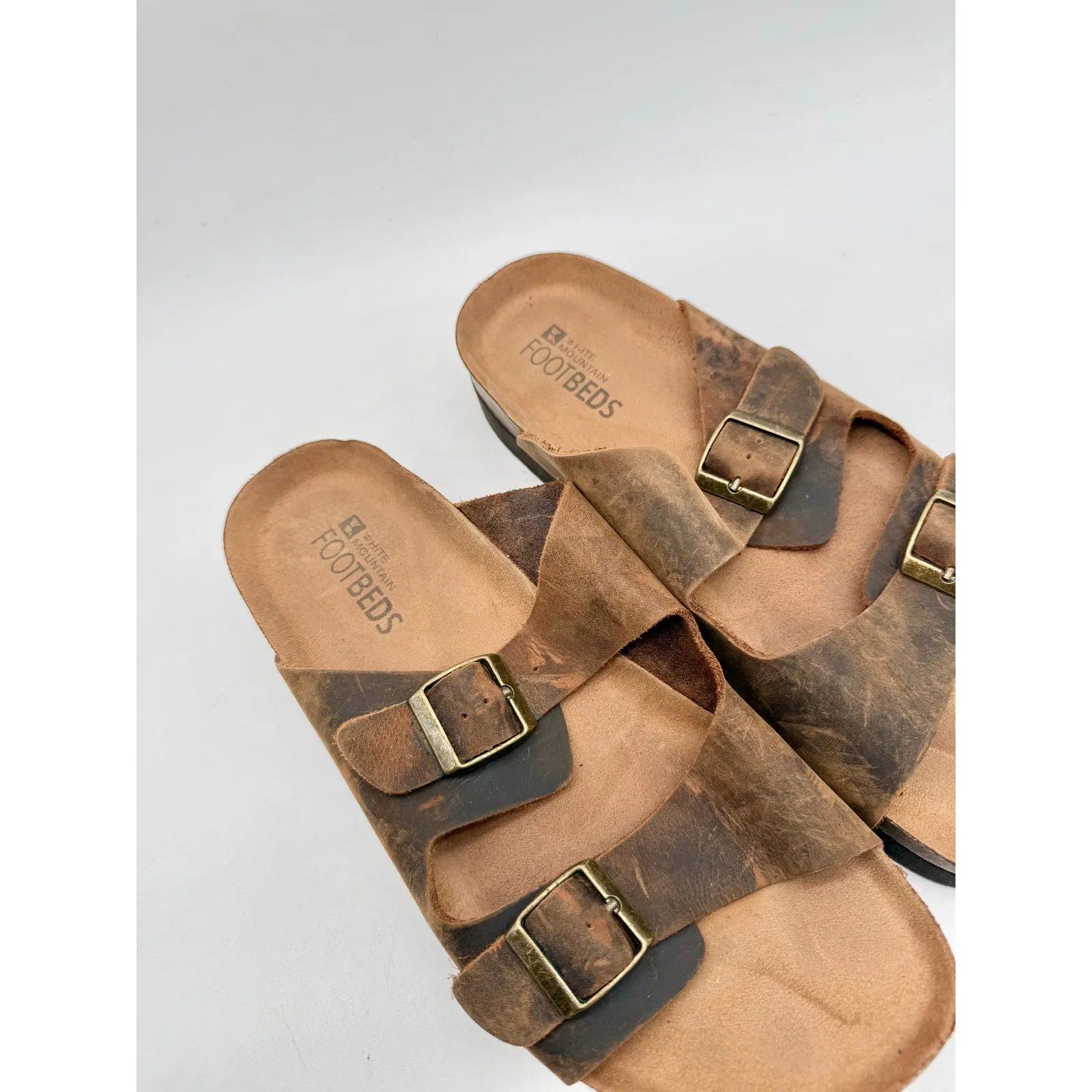 White Mountain Helga Leather Footbed Sandals Brown Buckle Slides Women’s 10M - Image 4